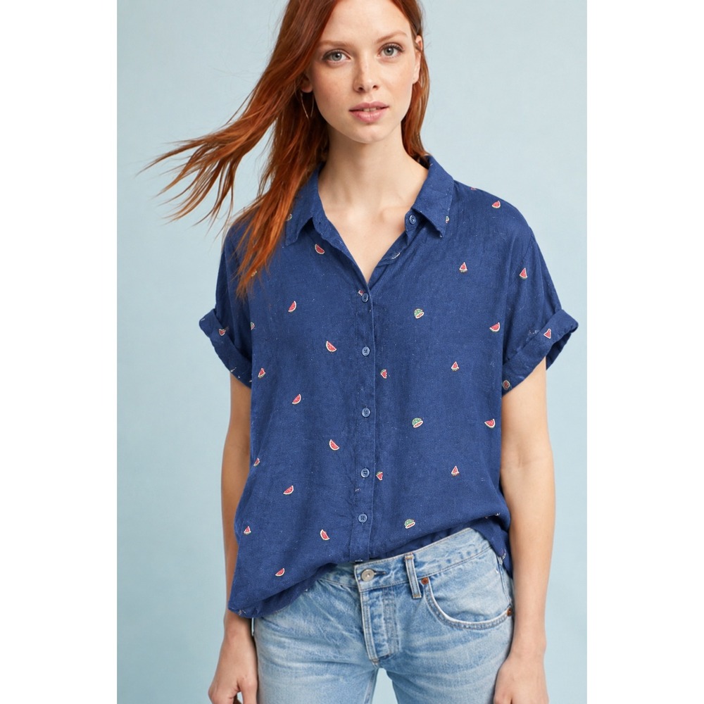 Banana Republic Linen Cotton Watermelon Print Button Up Blouse Women's M Coastal